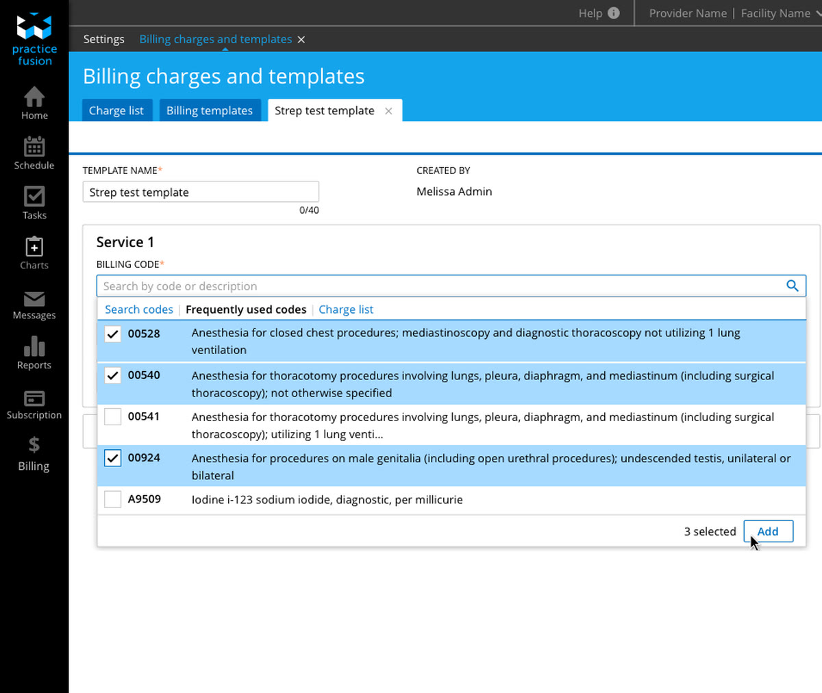 Settings: building a “Strep test” billing template by selecting codes from frequently used codes