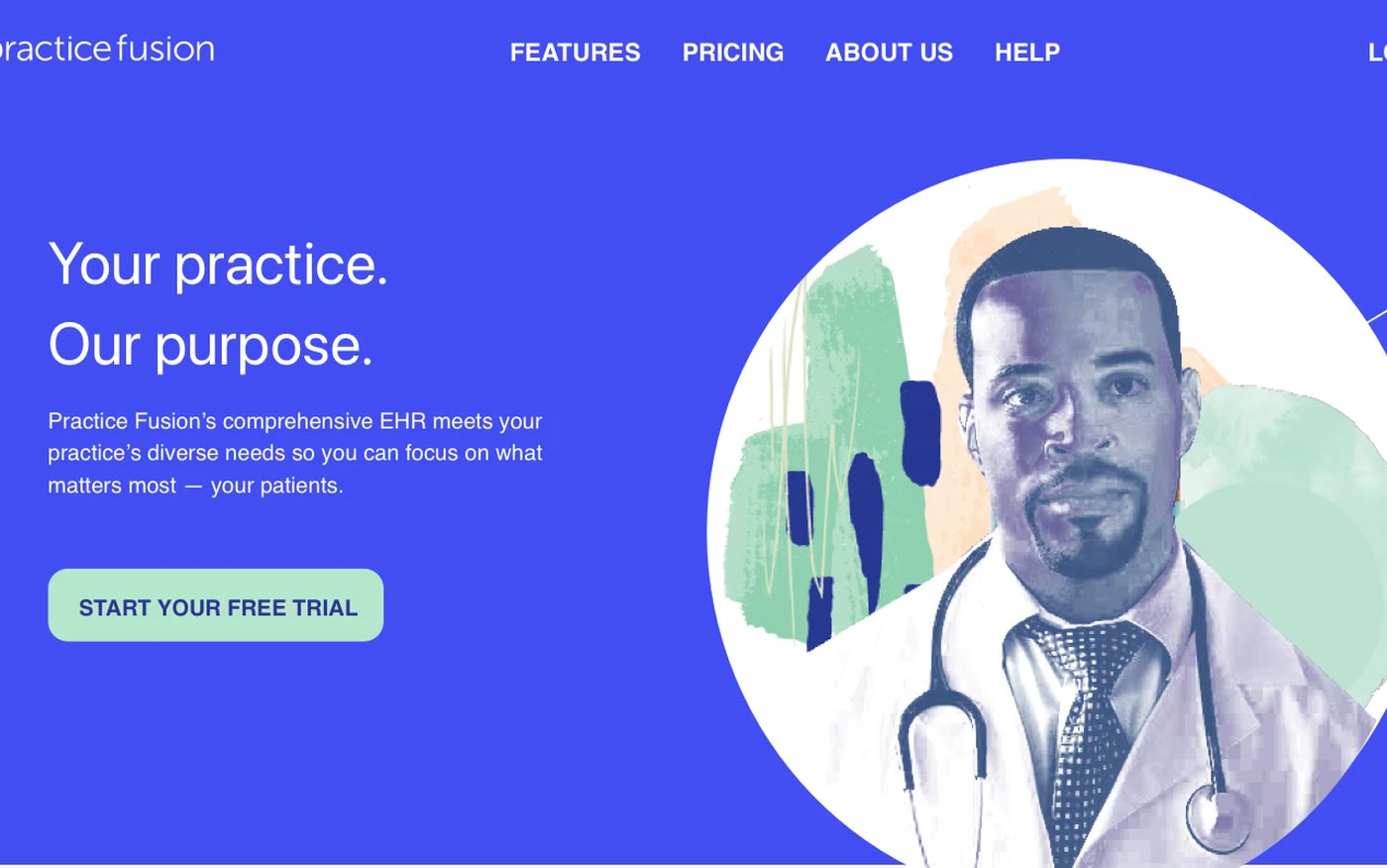 Photo-collage direction: Your practice. Our purpose., with a duotone photo of a provider in a circle over painted shapes