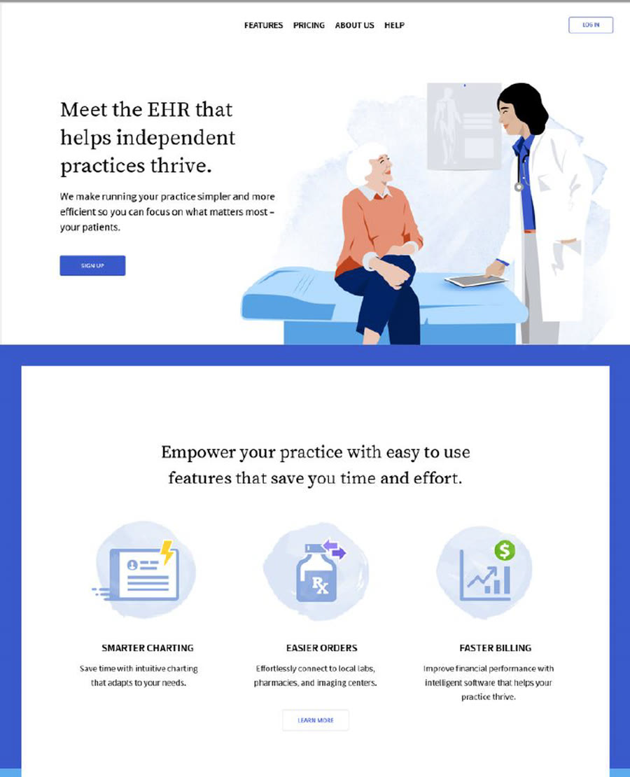 Revised illustration: a provider talking with an older patient on an exam table, with spot illustrations for charting, orders and billing