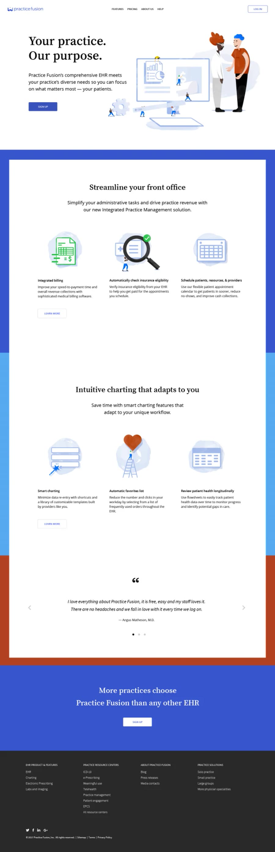 Illustrated brand direction: Your practice. Our purpose., with cartoon providers and spot illustrations throughout the page