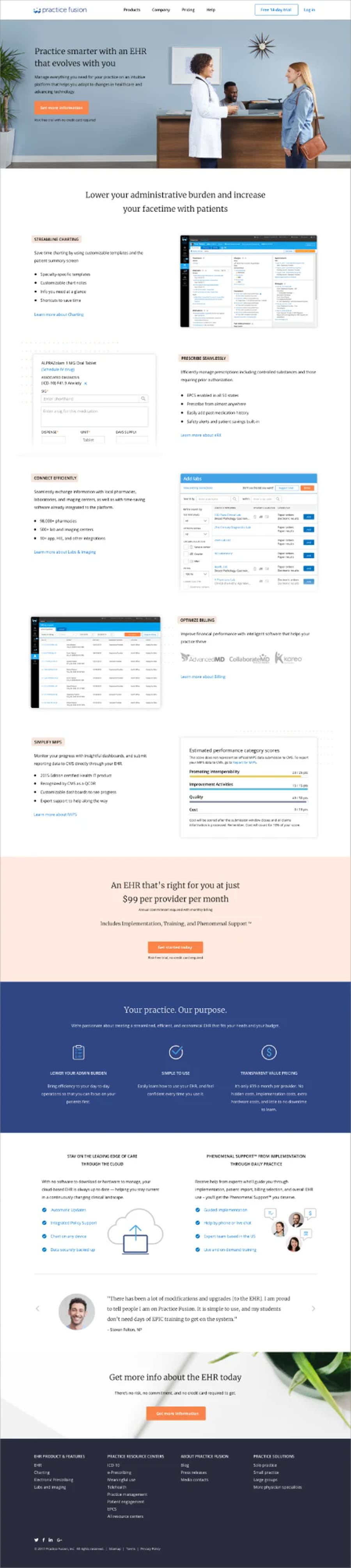New homepage: provider and patient at a front desk, feature sections with product screenshots, pricing banner and testimonials