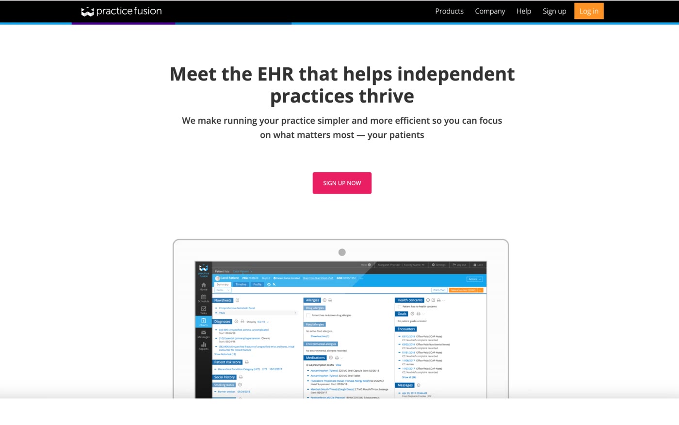 Original Practice Fusion homepage: Meet the EHR that helps independent practices thrive, with a pink Sign up now button and a laptop showing the product