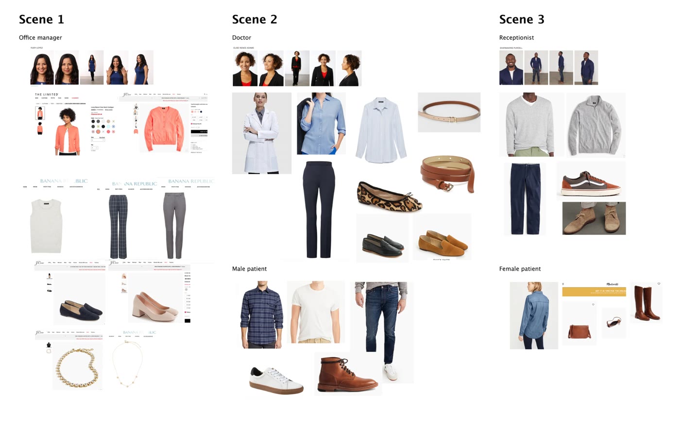 Wardrobe boards for three scenes: office manager, doctor, receptionist, and male and female patients