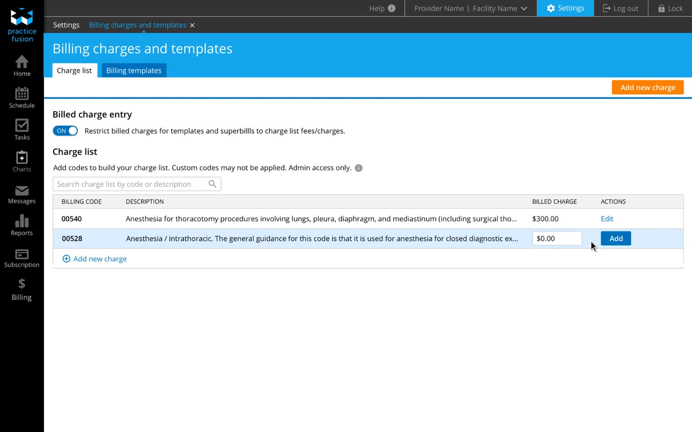 Settings: the Charge list, where admins set a billed charge for each code