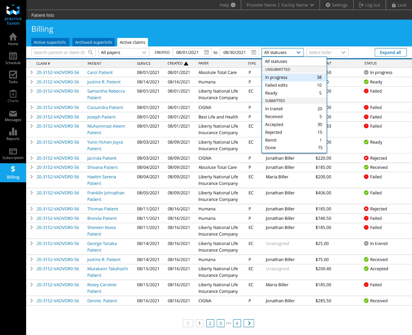 Practice Fusion billing screen listing active claims with a status filter open