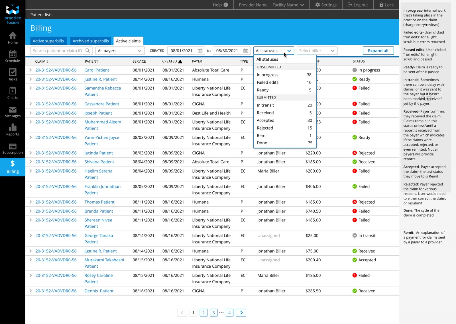 Claims list with the cursor on the All statuses filter, showing counts for each status from In progress to Done
