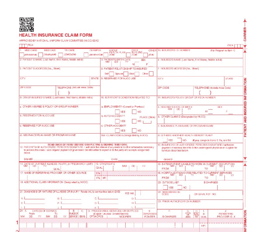 Blank CMS-1500 health insurance claim form