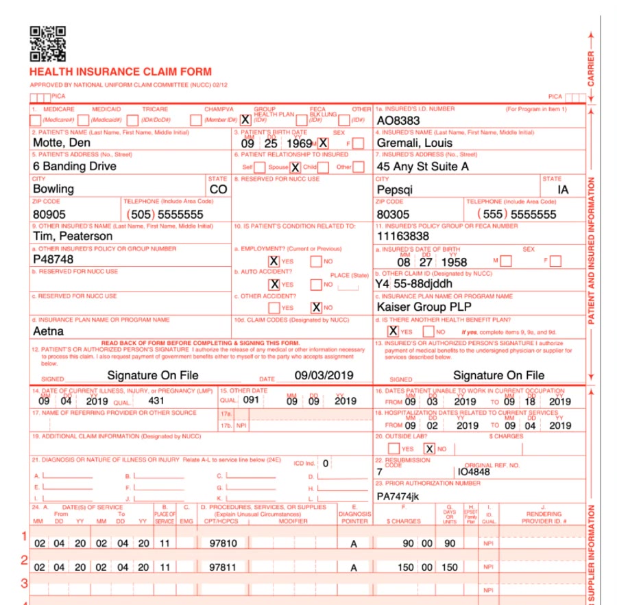 The same CMS-1500 form filled in with patient, insurance and service details