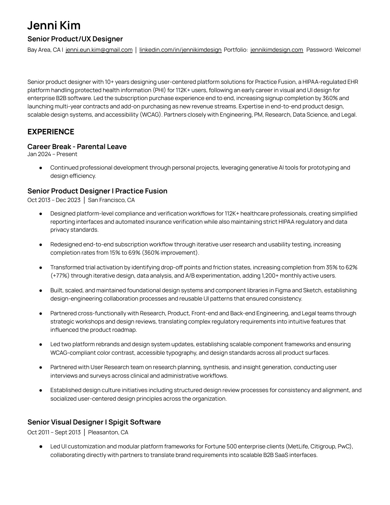 Resume page 1: Jenni Kim, Senior Product/UX Designer. Summary, career break, Senior Product Designer at Practice Fusion 2013 to 2023, Senior Visual Designer at Spigit Software 2011 to 2013