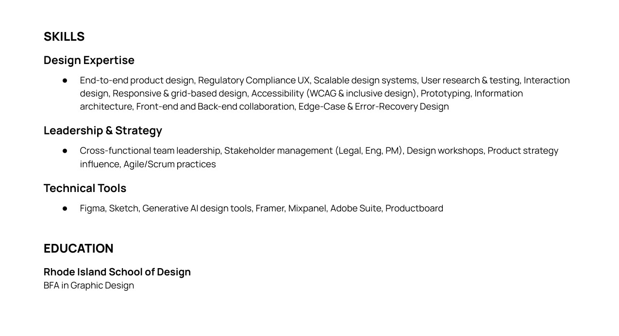 Resume page 2: skills in design expertise, leadership and strategy, and technical tools; education, BFA in Graphic Design, Rhode Island School of Design