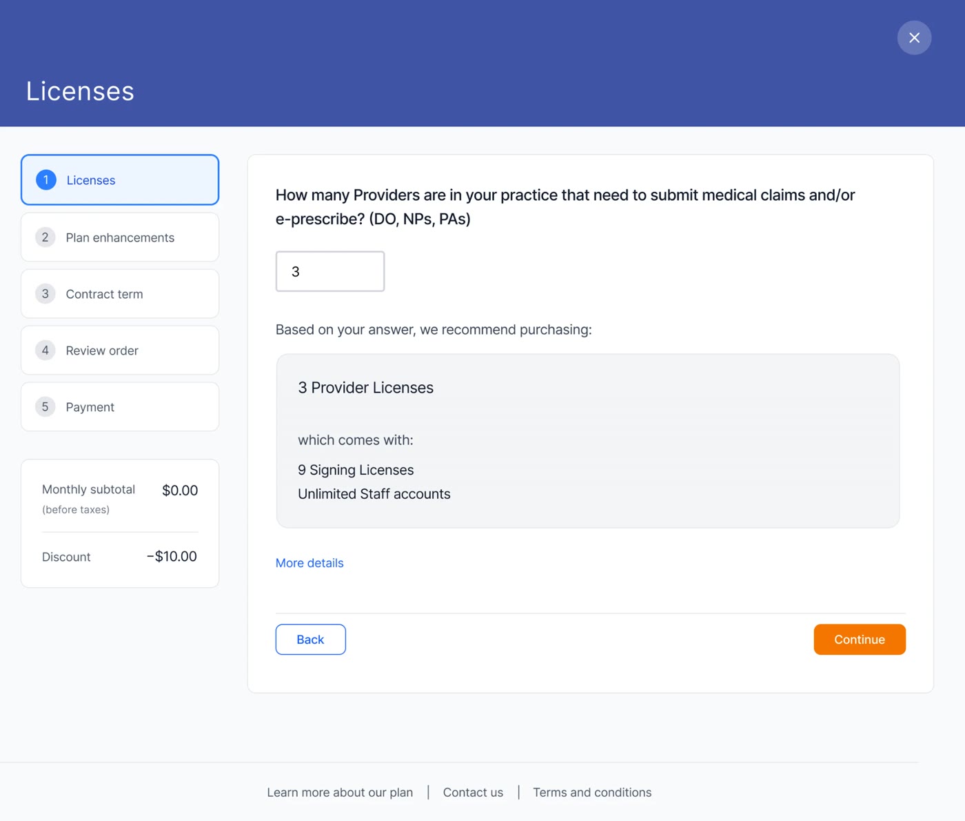 Concept 1: enter the number of providers and get a recommended number of licenses