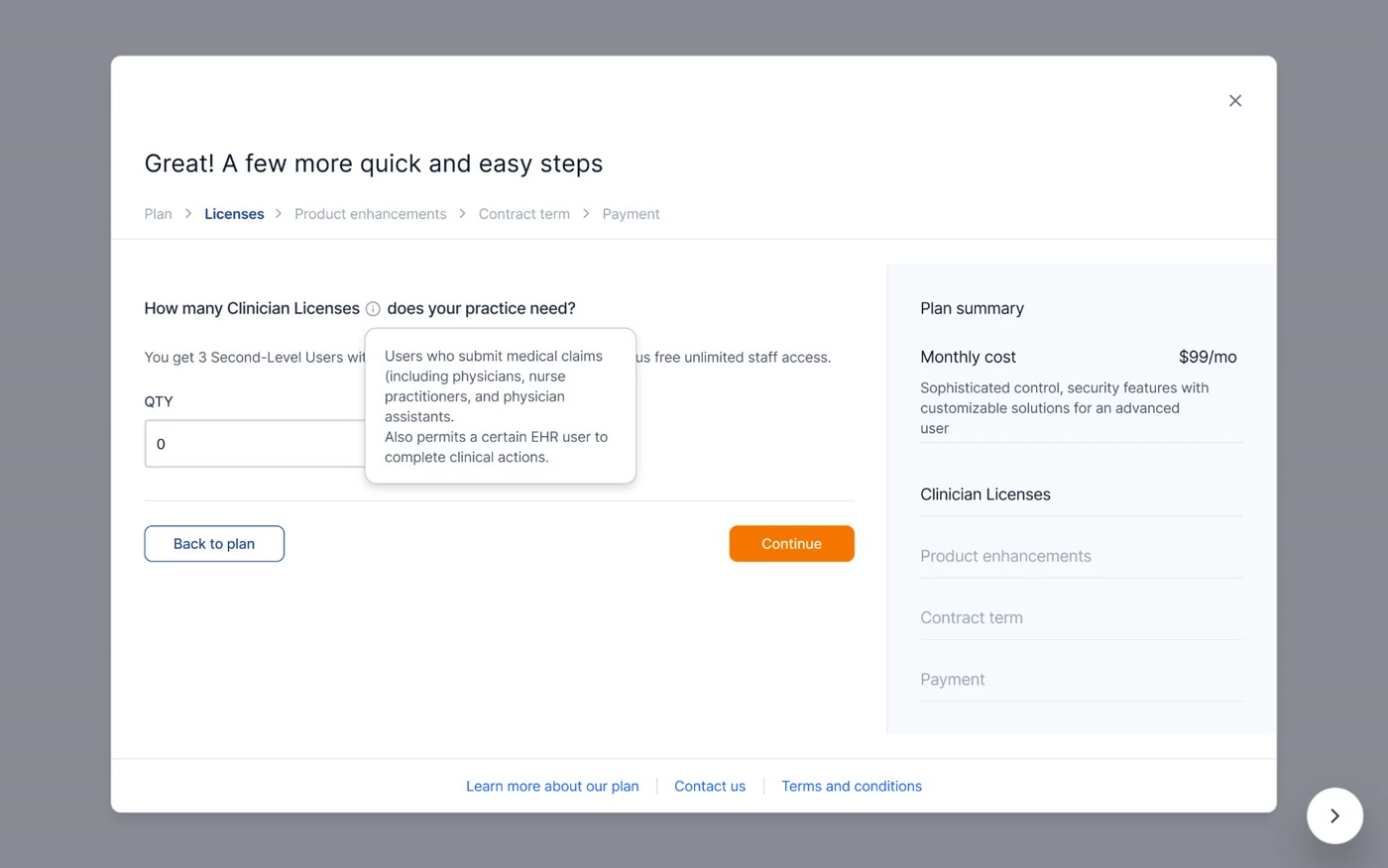 Concept 2: license quantity with an information tooltip explaining Clinician Licenses