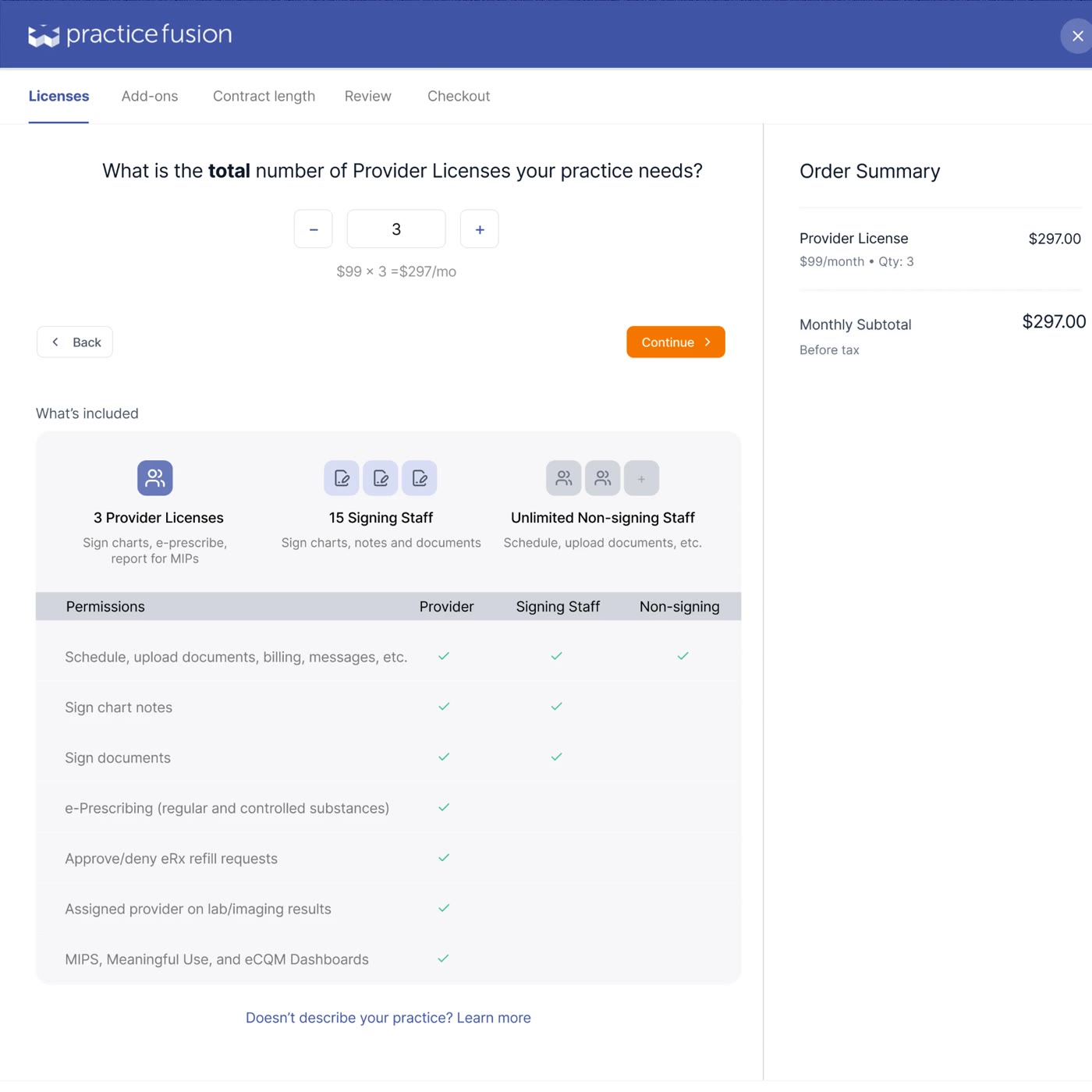 Concept 3: provider license stepper with price equation and a table of what each license type includes