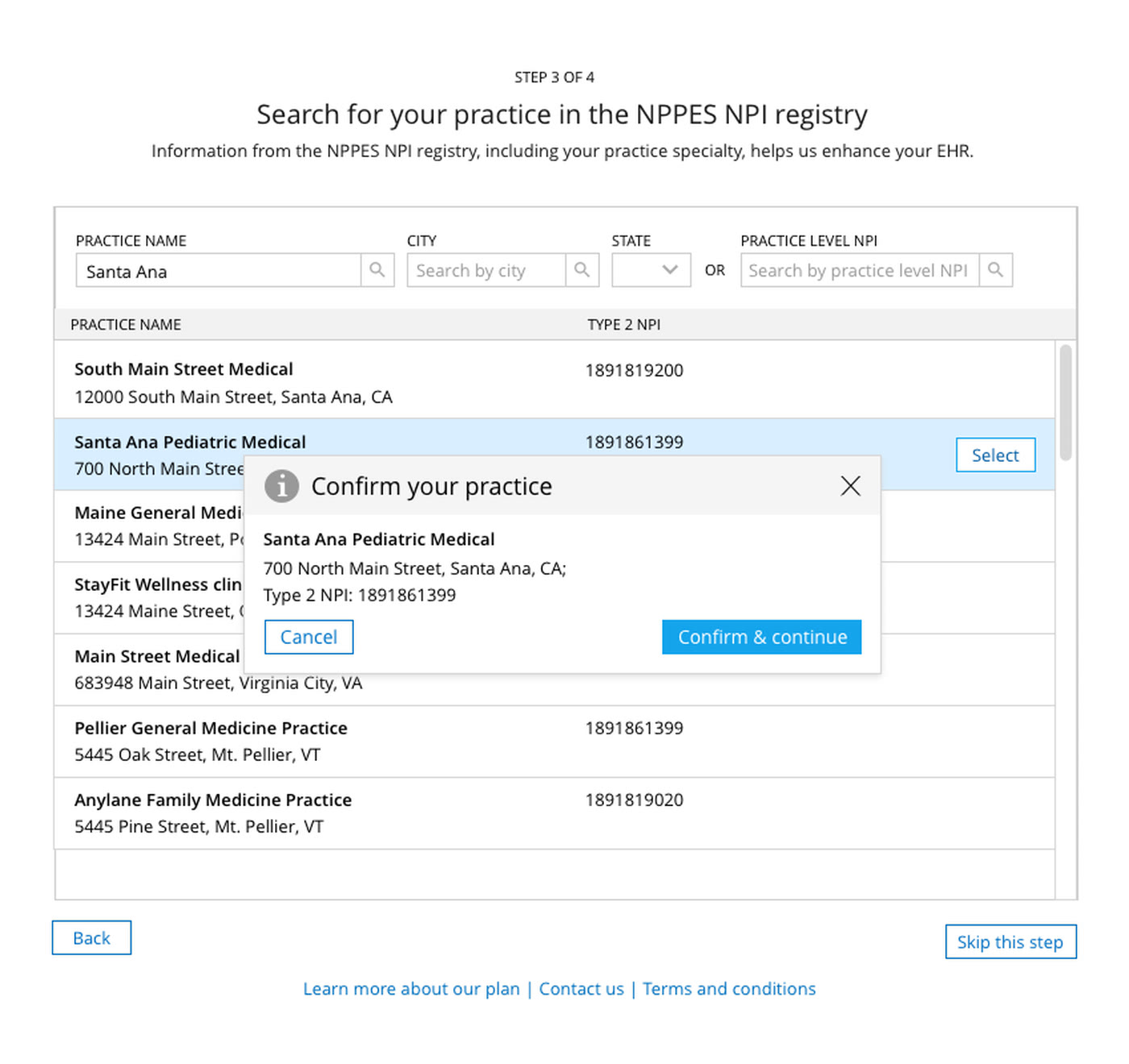 Original Step 3 of 4: search for your practice in the NPPES NPI registry, with a Confirm your practice dialog