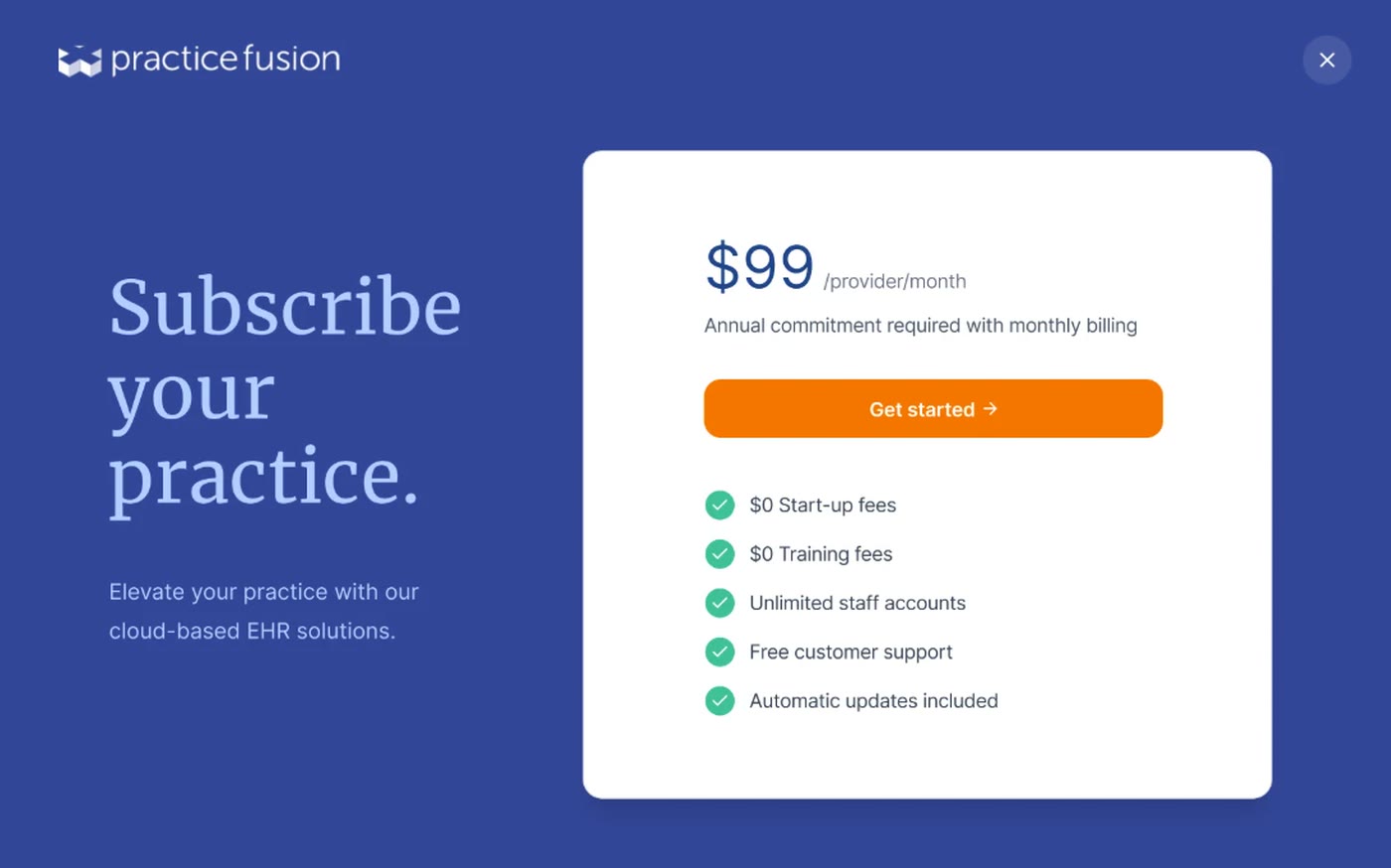 Practice Fusion subscription modal with a $99 per provider per month plan