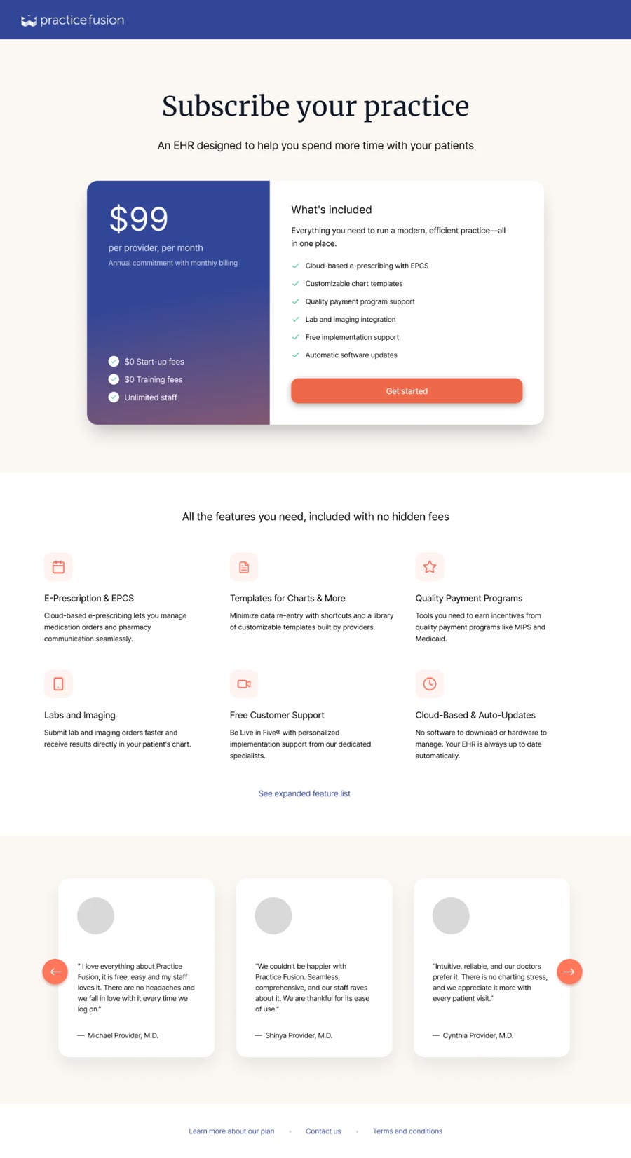 Exploration: centered pricing card with a gradient panel, what is included, and testimonial cards
