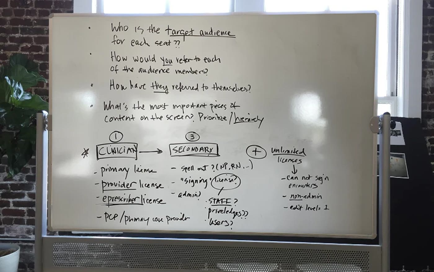 Whiteboard brainstorm: questions about each seat’s audience, and alternative names for Clinician, Secondary and unlimited licenses