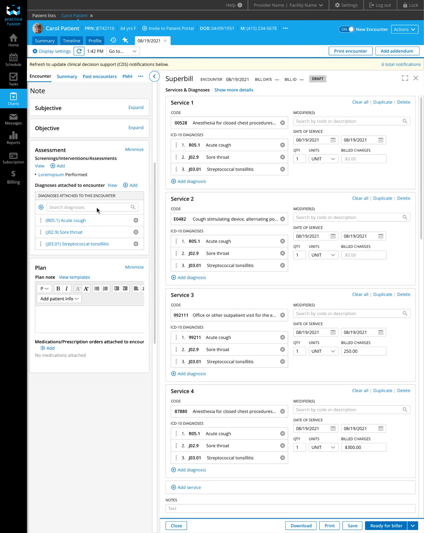 Split-screen view: the clinical Encounter note on the left and the Superbill on the right, with diagnoses carried over into each service