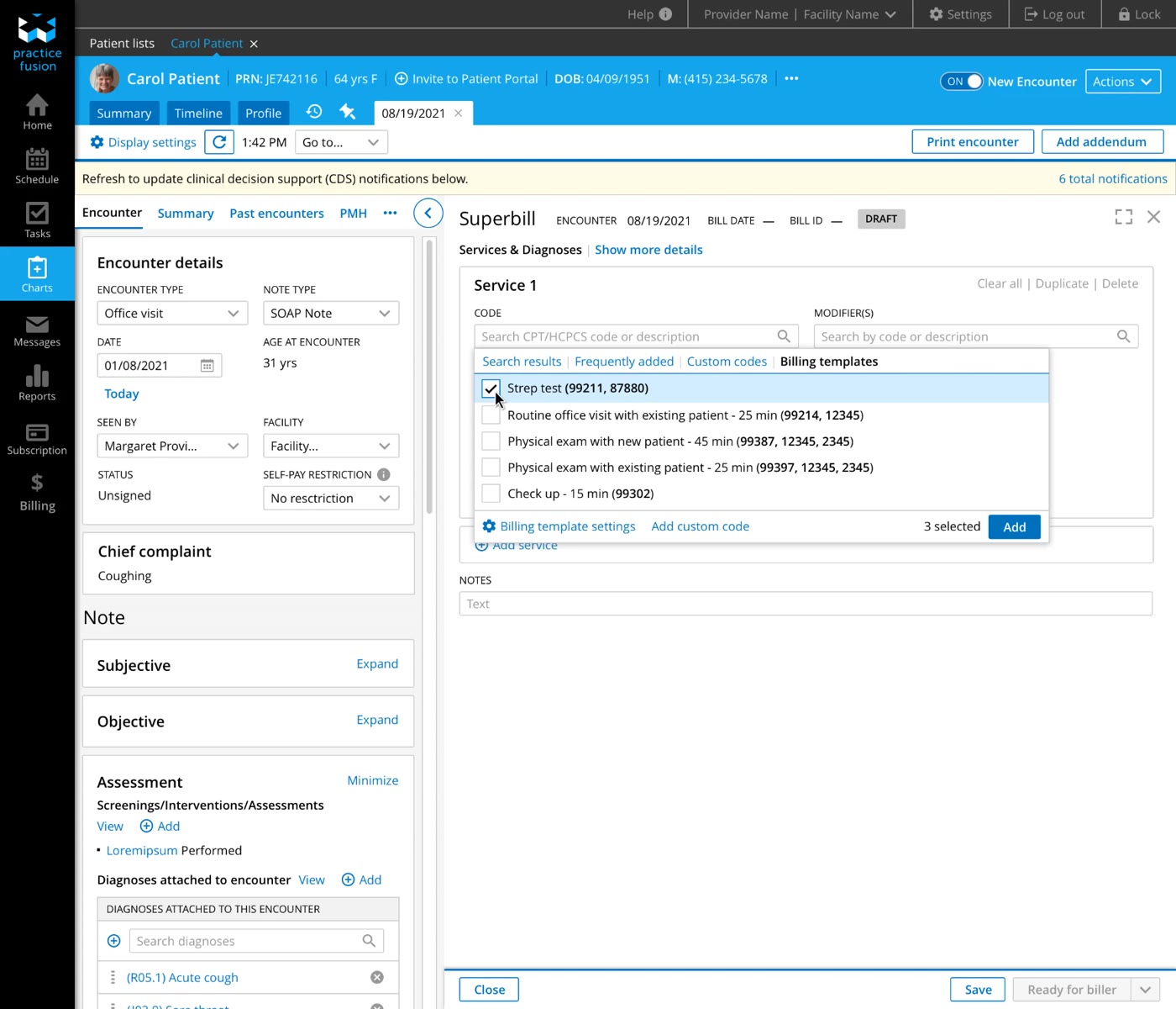 Superbill code search with the Billing templates tab open and the Strep test template selected